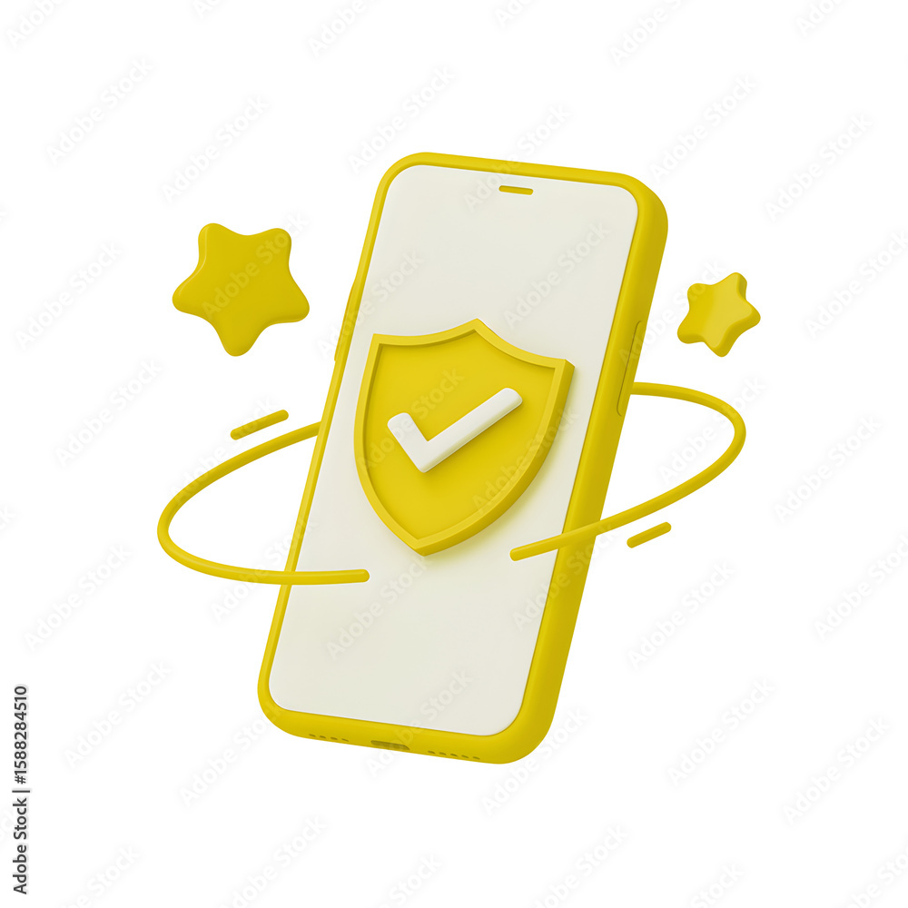Poster secure mobile phone with shield and checkmark signifies advanced protection and safe application wit