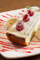 A closeup view of a cheesecake slice.