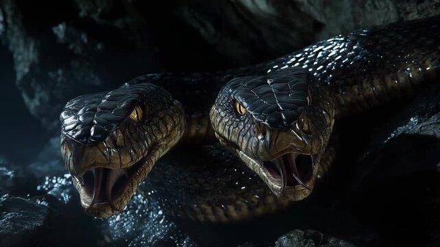 Two-headed serpent creature in a dark cave, fantasy snake monster with glowing eyes and open mouths