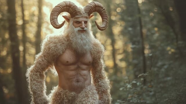 Fantasy faun or satyr creature with ram horns and muscular build walking through forest