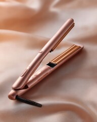 Naklejka premium Rose gold curling iron on silk presents modern hair styling tools for beauty and fashion products