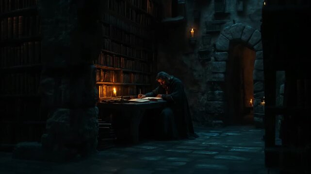 Medieval scholar writing by candlelight in a dark stone library with ancient books