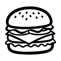 A black and white drawing of a large cheeseburger with sesame seeds on the bun hand drawing vector illustration