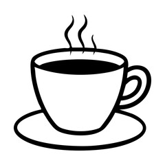 A black and white drawing of a steaming coffee cup on a saucer hand drawing vector illustration