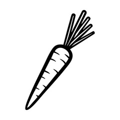 A black and white illustration of a carrot with green leafy tops hand drawing vector illustration