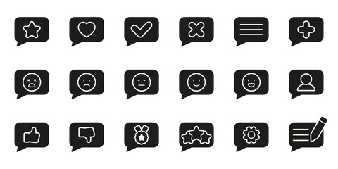 Speech Bubble Icon Set With Emoticons And Symbols. Communication, Feedback, And User Interaction Silhouette Symbol Collection. Includes Emotions, Ratings, And Settings. Isolated Vector Illustration