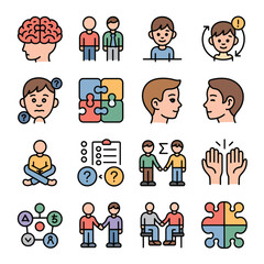 Colorful Vector Icons Set Depicting Human Interaction Brain Function Problem Solving Teamwork Communication and Connection Concepts