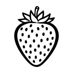 A black and white line drawing of a strawberry with seeds and leaves hand drawing vector illustration