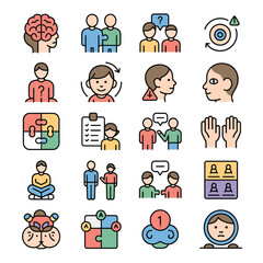 Colorful Collection of Psychology Icons Depicting Brain Mind Cognitive Behavior Communication Teamwork Puzzle Problem Solving Therapy Mental Health Assessment and More
