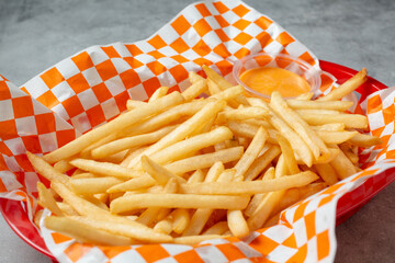 A view of a basket of french fries.