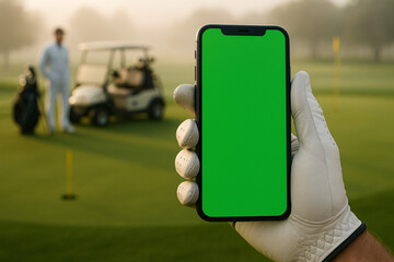 A golfer's gloved hand holding a smartphone with a green screen mockup on a morning golf course with caddy, golf cart, bag, and hole in background.