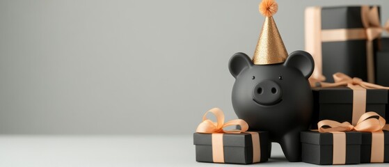 Black piggy bank with gifts celebrating birthday or holiday with festive decorations and colors