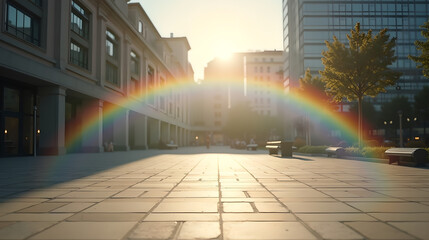 Rainbow in Sunlit Urban Street Scene
