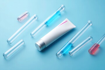 Creative display features white tube and test tubes filled with colorful liquid on a light blue surface for product presentation.