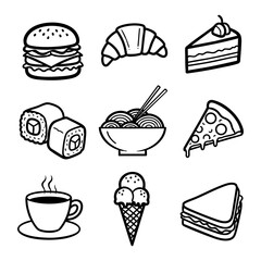 A grid of nine black and white food illustrations hand drawing vector illustration