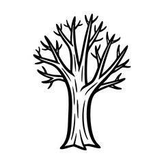 Bare deciduous tree with thick trunk and sparse branches black line art hand drawing vector illustration