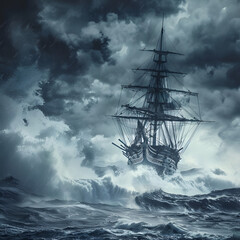 Majestic old sailing ship navigating turbulent ocean waves amidst dark stormy sky with ominous clouds and dramatic lighting, adventurous voyage at sea