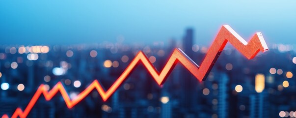 Fototapeta premium A glowing red line graph rises sharply against a blurred cityscape, symbolizing growth or financial success in an urban environment.