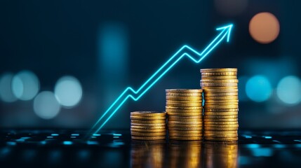 Stacks of coins with a glowing upward arrow represent financial growth and increasing profits in a digital environment.