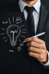 A businessman in a suit draws a glowing lightbulb sketch, symbolizing creativity and new ideas, on a black surface.