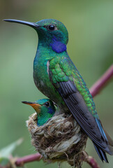 Fototapeta premium A green and blue hummingbird feeding two black baby birds in the nest, 