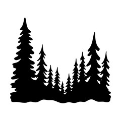 Obraz premium Silhouette of a forest of pine trees on a white background hand drawing vector illustration