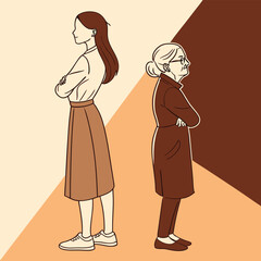 Generational Divide Young Woman and Senior Woman Standing Back to Back with Arms Crossed