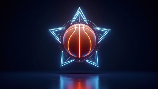 Neon star-shaped frame holding a basketball.