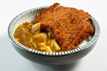 A view of a bowl of pork katsu curry.