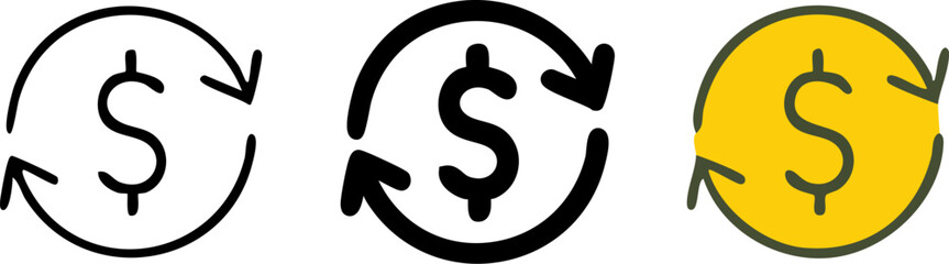 Financial transaction icon set with dollar sign and circular arrows in outline solid black and yellow color variations.