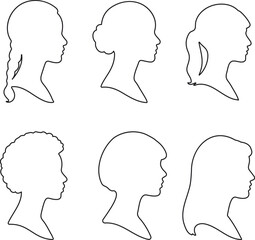 Elegant Female Face Silhouettes Set, Black and White, Minimal Portraits