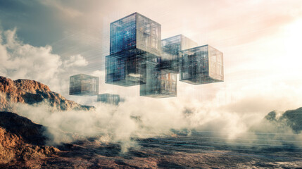 Cloud-based server system, hovering above terrain in abstract digital art. Cloud Computing service : Real Cloud and applications control over the city for network security computer