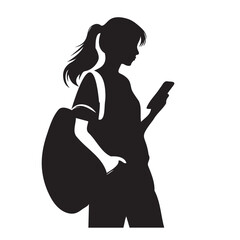 Young Woman Looking at Smartphone, Silhouette with Backpack, Modern Girl Concept