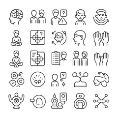 Fototapeta premium Collection of Thirty Black Linear Icons Depicting Human Psychology Cognitive Processes Teamwork Problem Solving and Communication Concepts