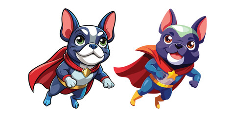 Energetic French Bulldog Superhero Vector Illustration – Cape Flying, Tongue Out, Mid-Leap Action Pose – Fun Comic Style Dog Character on White Background