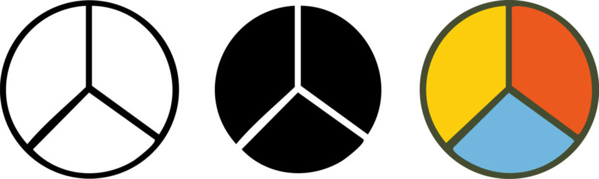 Set of circular icons divided into three equal segments shown in outline solid black and colorful styles.