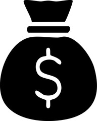 Simple black silhouette of a tied money bag with a bold white dollar sign on the front.