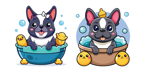 Cute Cartoon French Bulldog Taking Bubble Bath with Rubber Duck on Head – Adorable Pet Spa Time Vector for Kids, Pet Lovers, and Decor
