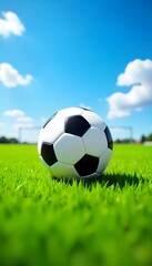 Generative AI Realistic soccer ball on a green field ready for a sunny game day