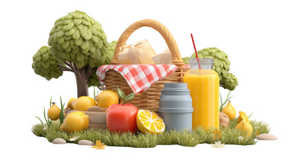 Animation picnic png isolated background with snack and basket for summer activity purpose.