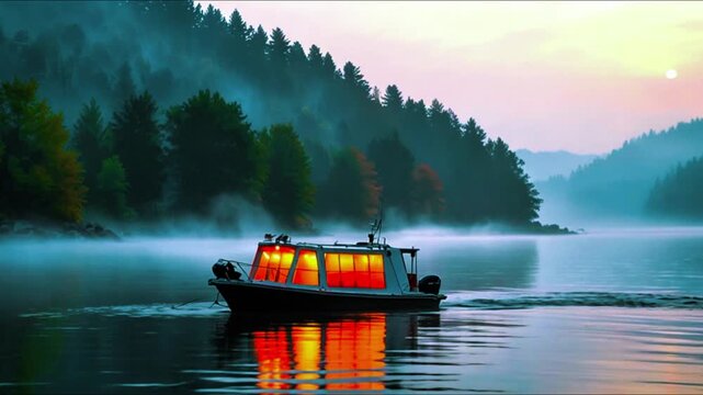 A serene lake scene with a boat in the foreground, illuminated by the warm glow of its interior lights. Lush green trees and a misty atmosphere create a tranquil and picturesque setting.