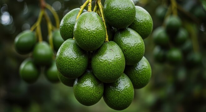 Fresh Organic Avocados Hanging on Tree Branch in Orchard with Natural Green Leaves and Healthy Nutrition Concept