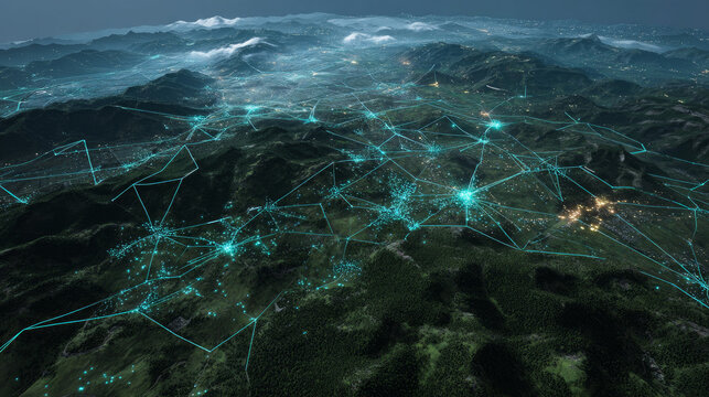 Smart grid energy map, digital lines and glowing nodes across terrain. Modern creative telecommunication and internet network connect in smart city. Concept of 5G wireless digital