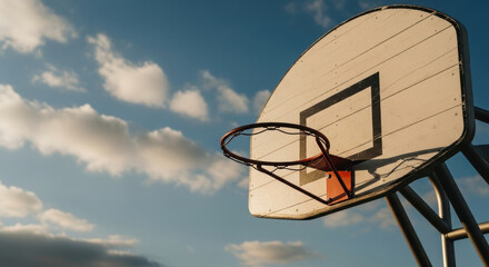 Outdoor basketball hoop with metal rim and white backboard against blue sky background with scattered clouds on sunny day empty court scene highlighting sports equipment and recreation