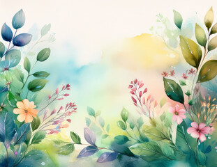 Watercolor Green Leaves with Pastel Flowers and Copy Space