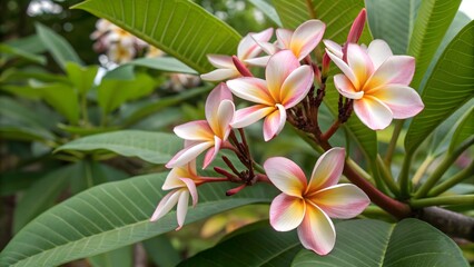 Pink and yellow frangipani plumeria blossoms, tropical symbols of beauty, bloom on a leafy tree in a summer garden