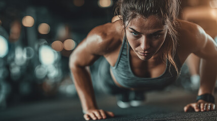 Young woman in sportswear doing plank exercise in the gym