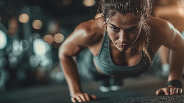 Young woman in sportswear doing plank exercise in the gym