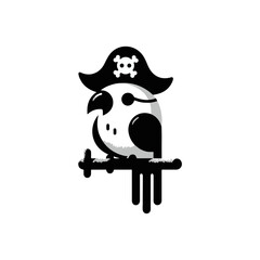 A parrot wearing a tiny pirate hat on a wooden perch