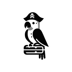 A parrot wearing a tiny pirate hat on a wooden perch